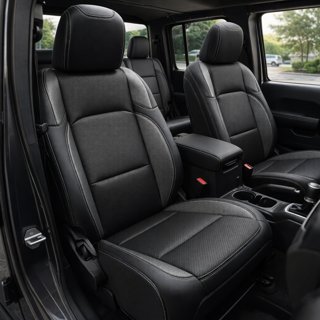 Front cabin view of a 2020–2026 Jeep Gladiator with Leatherteck/Katzkin K1 (K2152-100) installed, featuring black wrap upholstery with a perforated black center, carbon/nickel vinyl wing panels, and silver contrast stitching on the front seats.