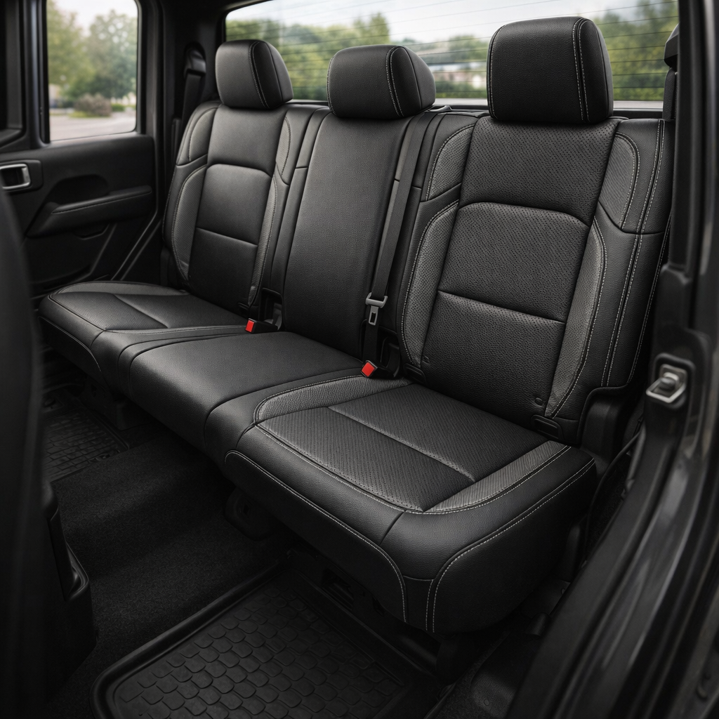 Rear cabin view of a 2020–2026 Jeep Gladiator with Leatherteck/Katzkin K1 (K2152-100) installed, showing the rear bench in black wrap with perforated body panels, carbon/nickel vinyl wing accents, and silver contrast stitching.