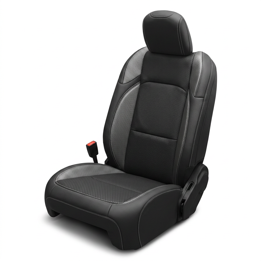 Leatherteck/Katzkin K1 (K2152-100) leather seat cover for a 2020–2026 Jeep Gladiator on a white background, featuring black wrap with a perforated black center, carbon/nickel vinyl wing panels, and silver contrast stitching.