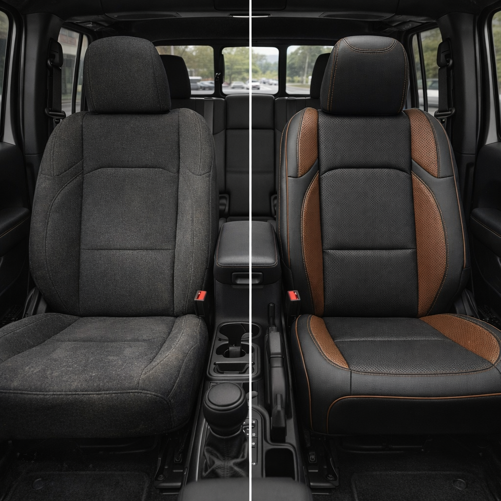 Split before-and-after front cabin view of a 2020–2026 Jeep Gladiator: left shows the original black cloth seat, right shows Leatherteck/Katzkin K18 (K2269-100) with black wrap, perforated black body, mahogany perforated wings, mahogany contrast stitching, and mahogany piping.