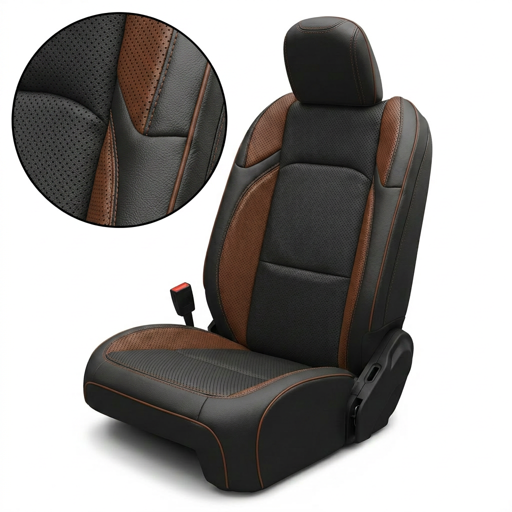 Close-up detail and full seat view of Leatherteck/Katzkin K18 (K2269-100) for a 2020–2026 Jeep Gladiator, showing a perforated black body, mahogany perforated wings, mahogany contrast stitching, and mahogany piping with black wrap on a white background.