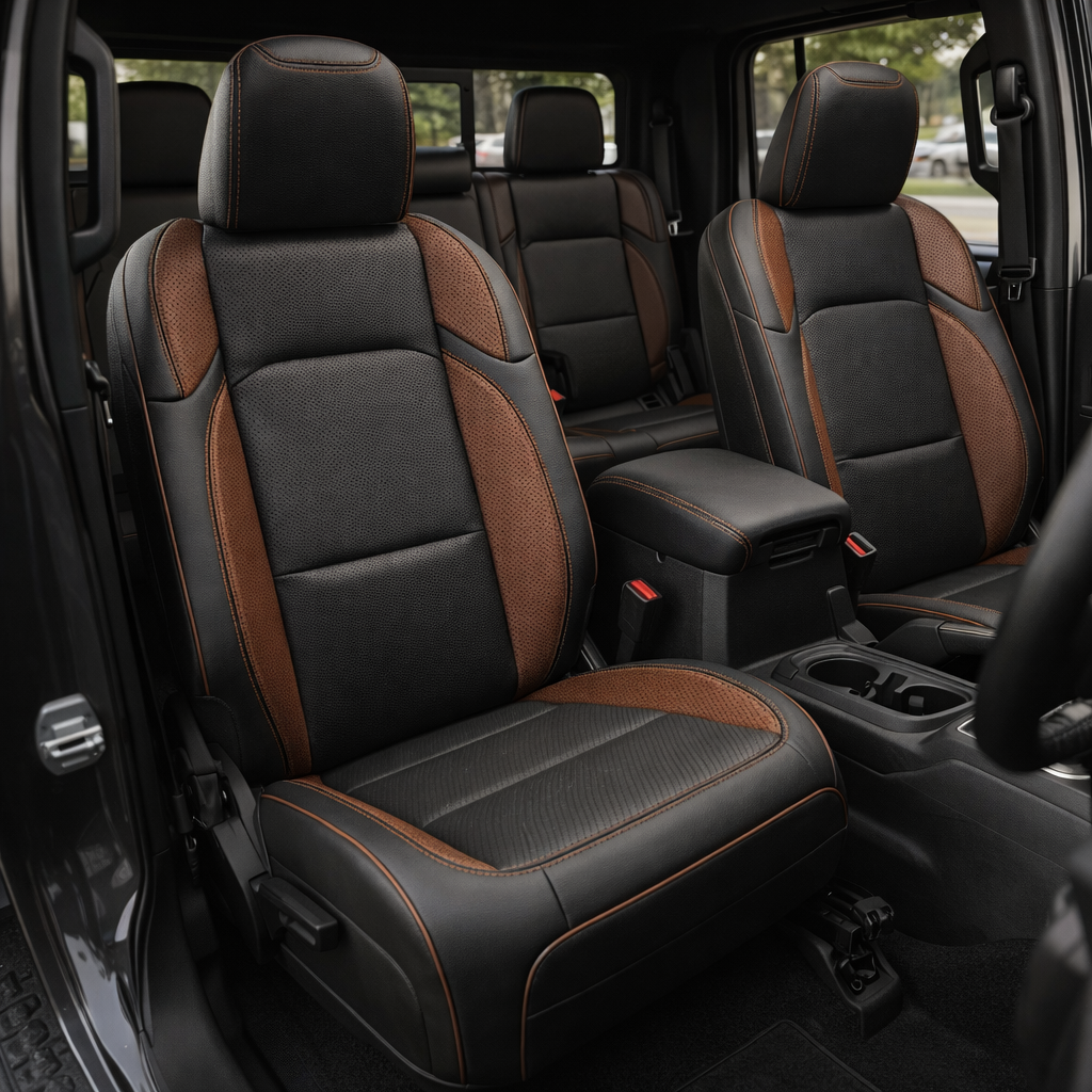 Front cabin view of a 2020–2026 Jeep Gladiator with Leatherteck/Katzkin K18 (K2269-100) installed, featuring black wrap seats with a perforated black body, mahogany perforated wings, mahogany contrast stitching, and mahogany piping.