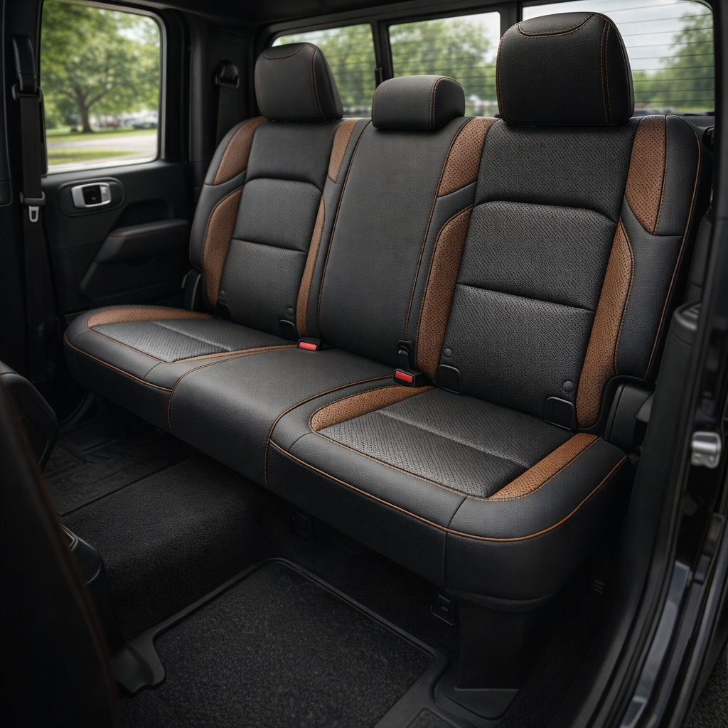 Rear cabin view of a 2020–2026 Jeep Gladiator with Leatherteck/Katzkin K18 (K2269-100) installed, showing the back bench in black wrap with a perforated black body, mahogany perforated wings, mahogany contrast stitching, and mahogany piping.