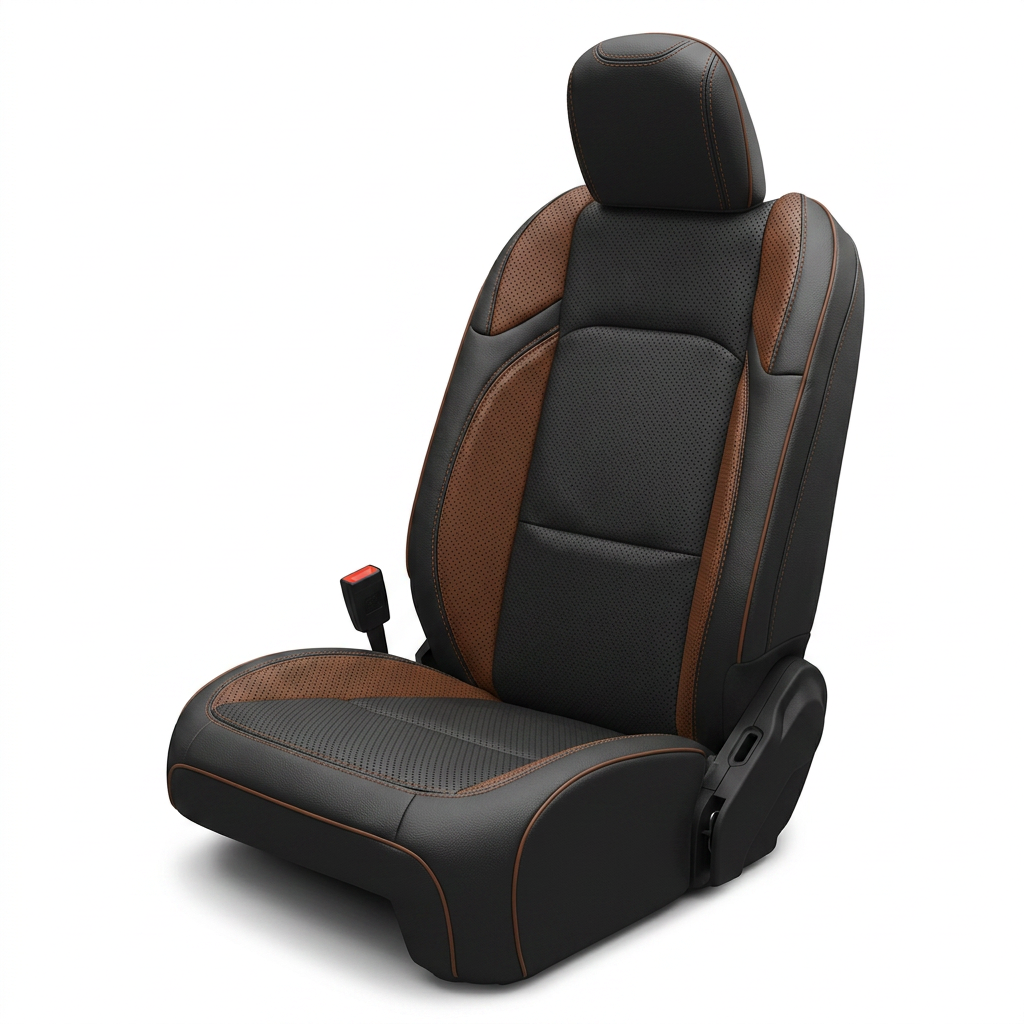 Leatherteck/Katzkin K18 (K2269-100) seat cover kit for a 2020–2026 Jeep Gladiator on a white background, featuring black wrap with a perforated black body, mahogany perforated wings, mahogany contrast stitching, and mahogany piping.