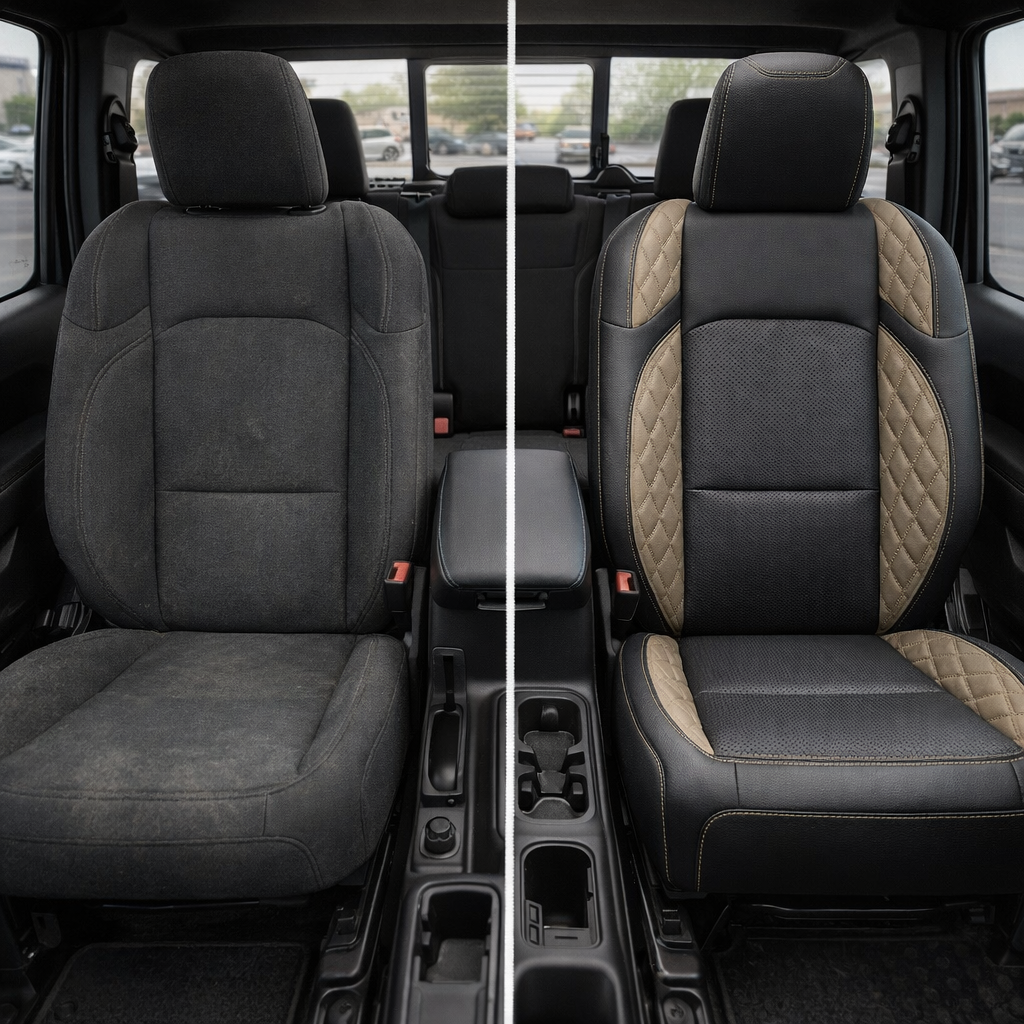 Split before-and-after front cabin view of a 2020–2026 Jeep Gladiator: left shows the factory cloth seat, right shows Leatherteck/Katzkin K23 (K2281-100) installed with black wrap, black perforated center insert, shale diamond-stitched Tekstitch wings, and shale contrast stitching.