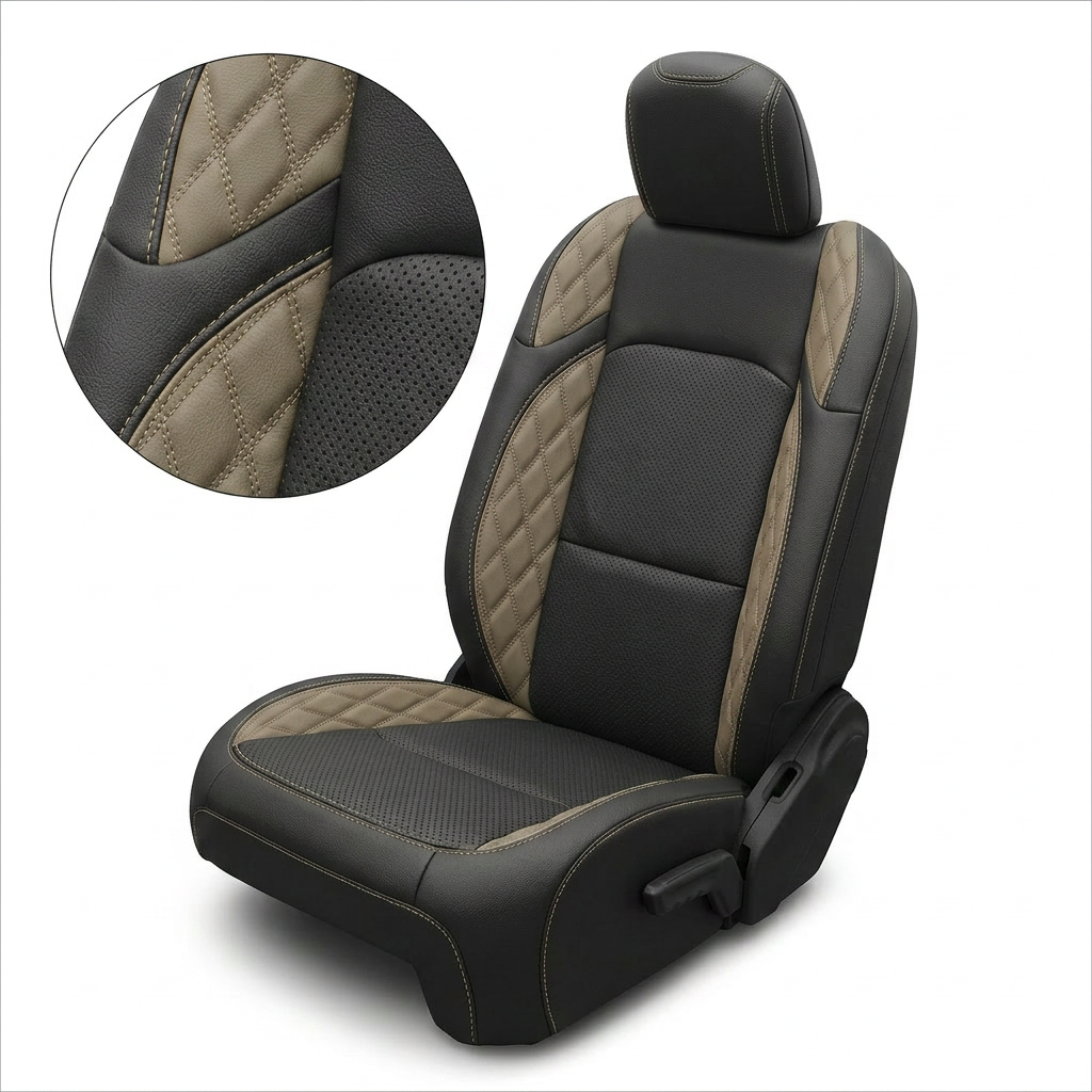Leatherteck/Katzkin K23 (K2281-100) seat cover for a 2020–2026 Jeep Gladiator on a white background with a circular close-up showing the shale diamond-stitched Tekstitch wing, black leather seam, and black perforated center insert with shale contrast stitching.