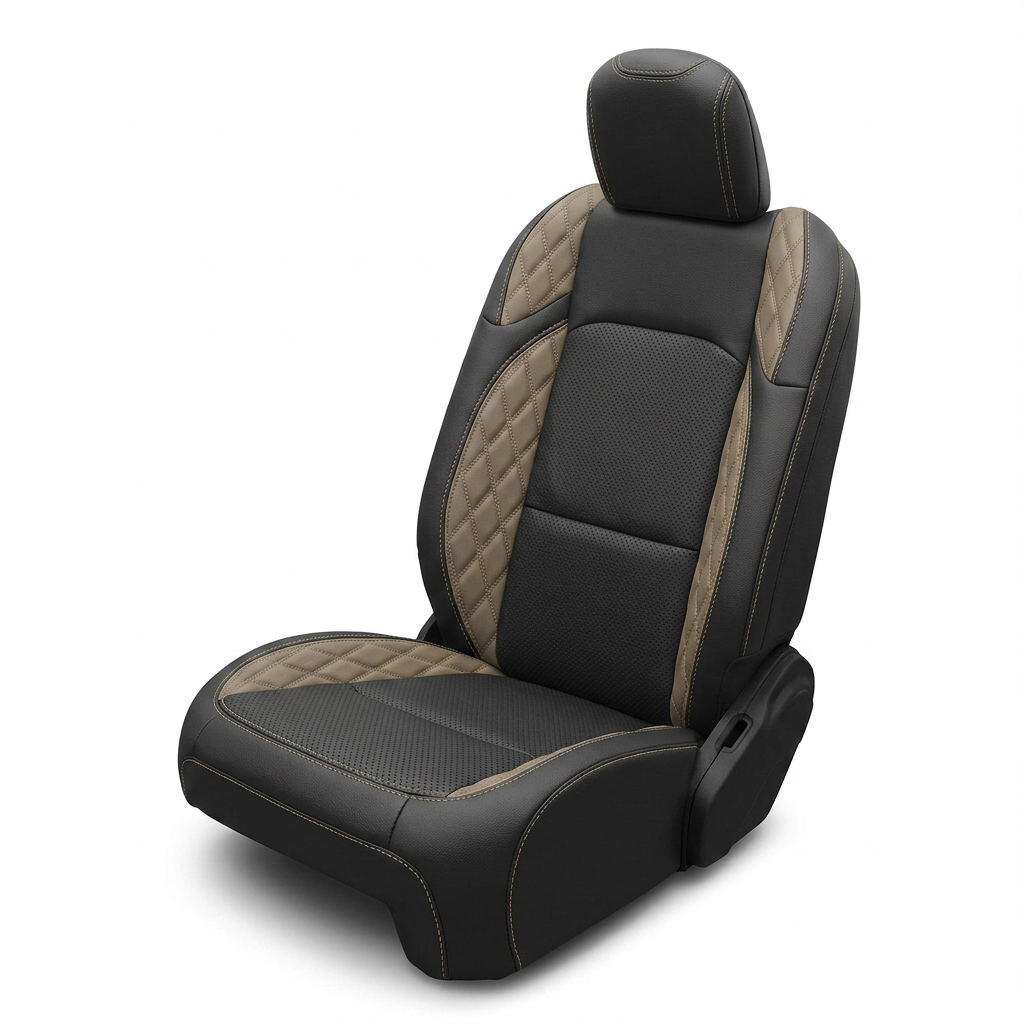 Leatherteck/Katzkin K23 (K2281-100) seat cover kit for a 2020–2026 Jeep Gladiator on a white background, featuring black wrap with a black perforated center insert, shale diamond-stitched wings (Tekstitch), and shale contrast stitching.