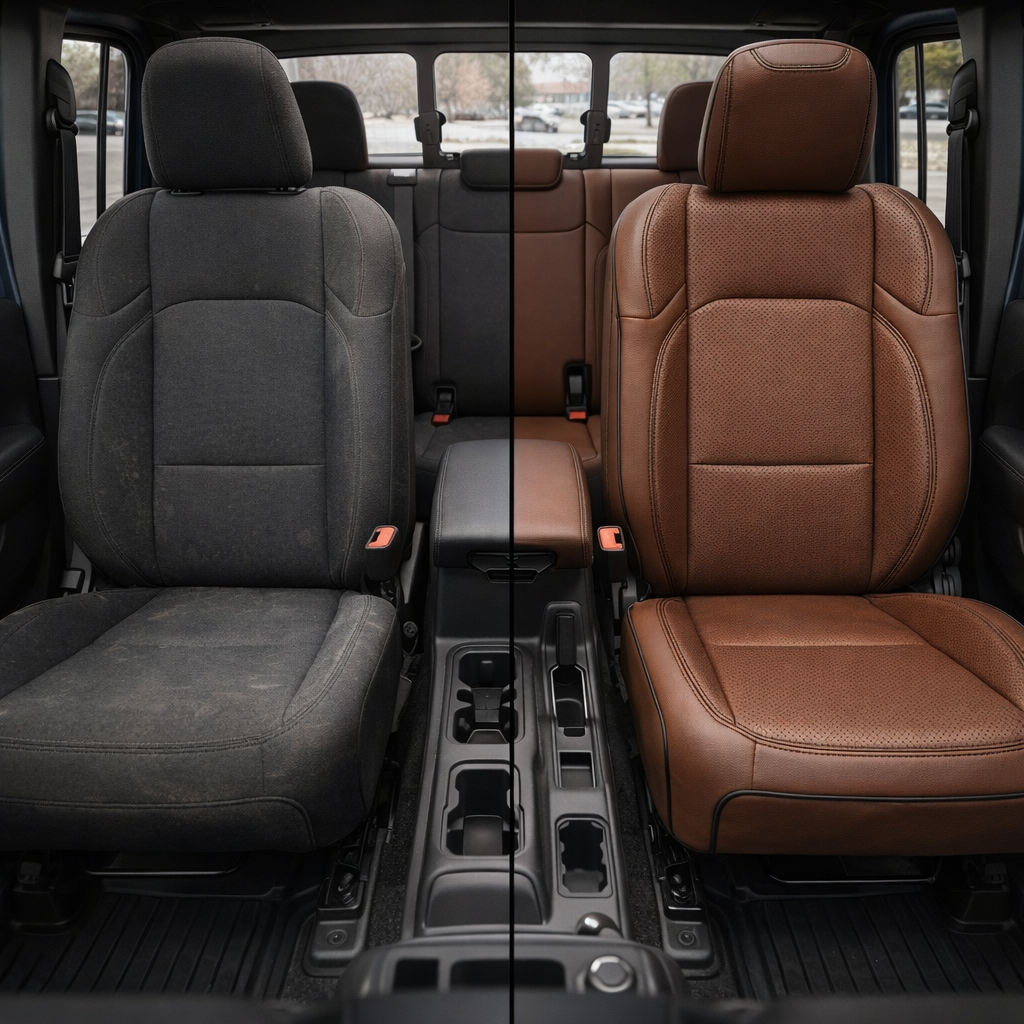 Split before-and-after front cabin view of a 2020–2026 Jeep Gladiator: left shows the factory cloth front seat, right shows Leatherteck/Katzkin K19 (K2170-222) installed in mahogany wrap with perforated body and perforated wings, black contrast stitching, and black piping.