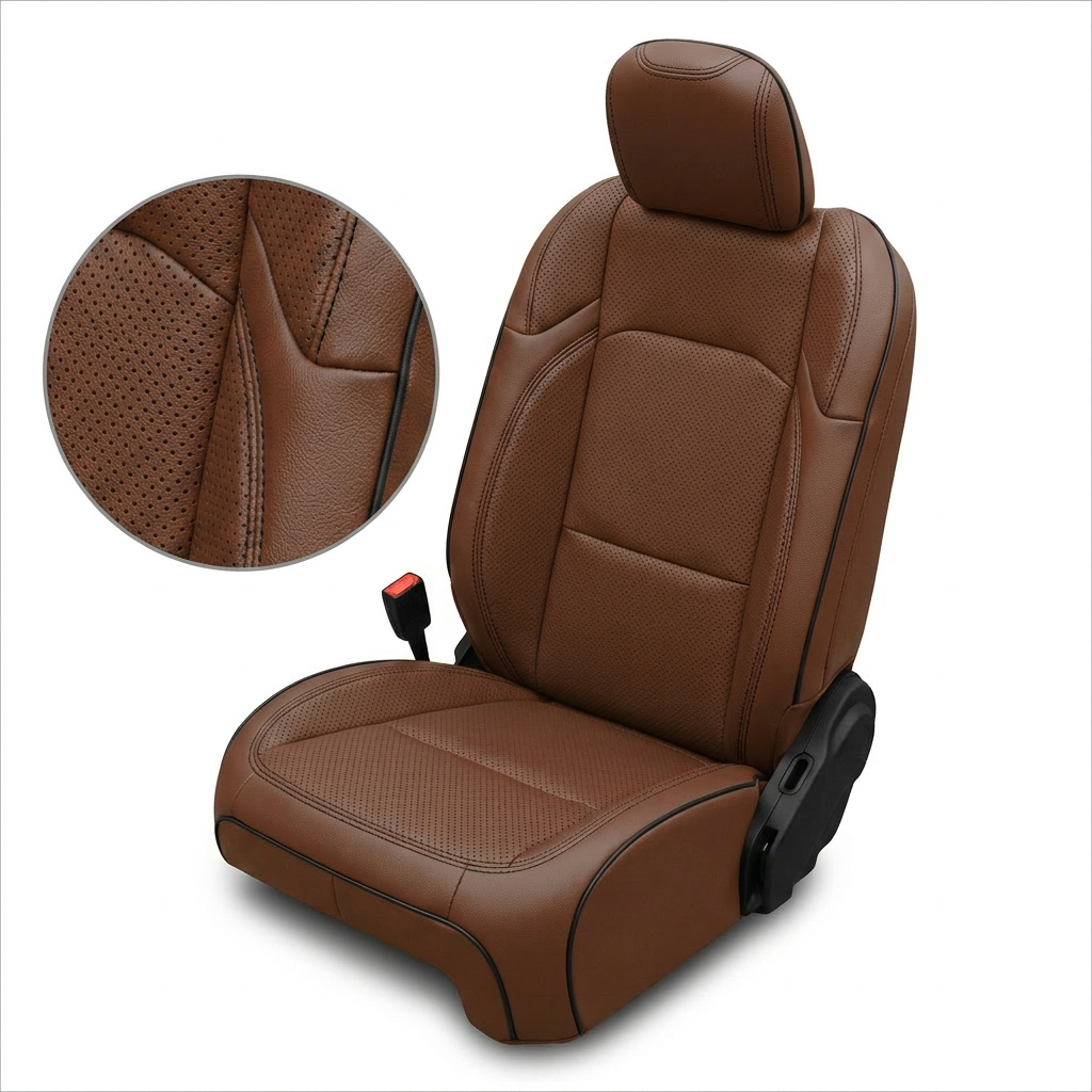 Close-up and full seat view of Leatherteck/Katzkin K19 (K2170-222) for a 2020–2026 Jeep Gladiator on a white background, showing mahogany wrap leather with perforated body and wings, black contrast stitching, and black piping.