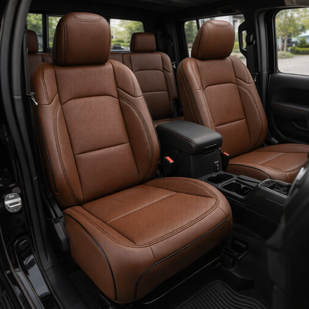 Front cabin view of a 2020–2026 Jeep Gladiator with Leatherteck/Katzkin K19 (K2170-222) installed, featuring mahogany wrap seats with perforated body and perforated wings, black contrast stitching, and black piping.