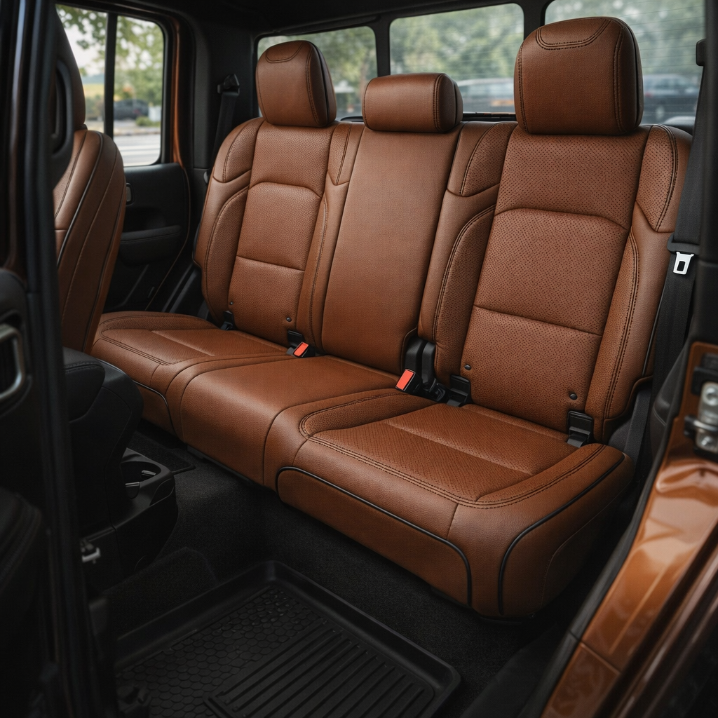 Rear cabin view of a 2020–2026 Jeep Gladiator with Leatherteck/Katzkin K19 (K2170-222) installed, showing the rear bench in mahogany wrap with perforated seating surfaces, black contrast stitching, and black piping.
