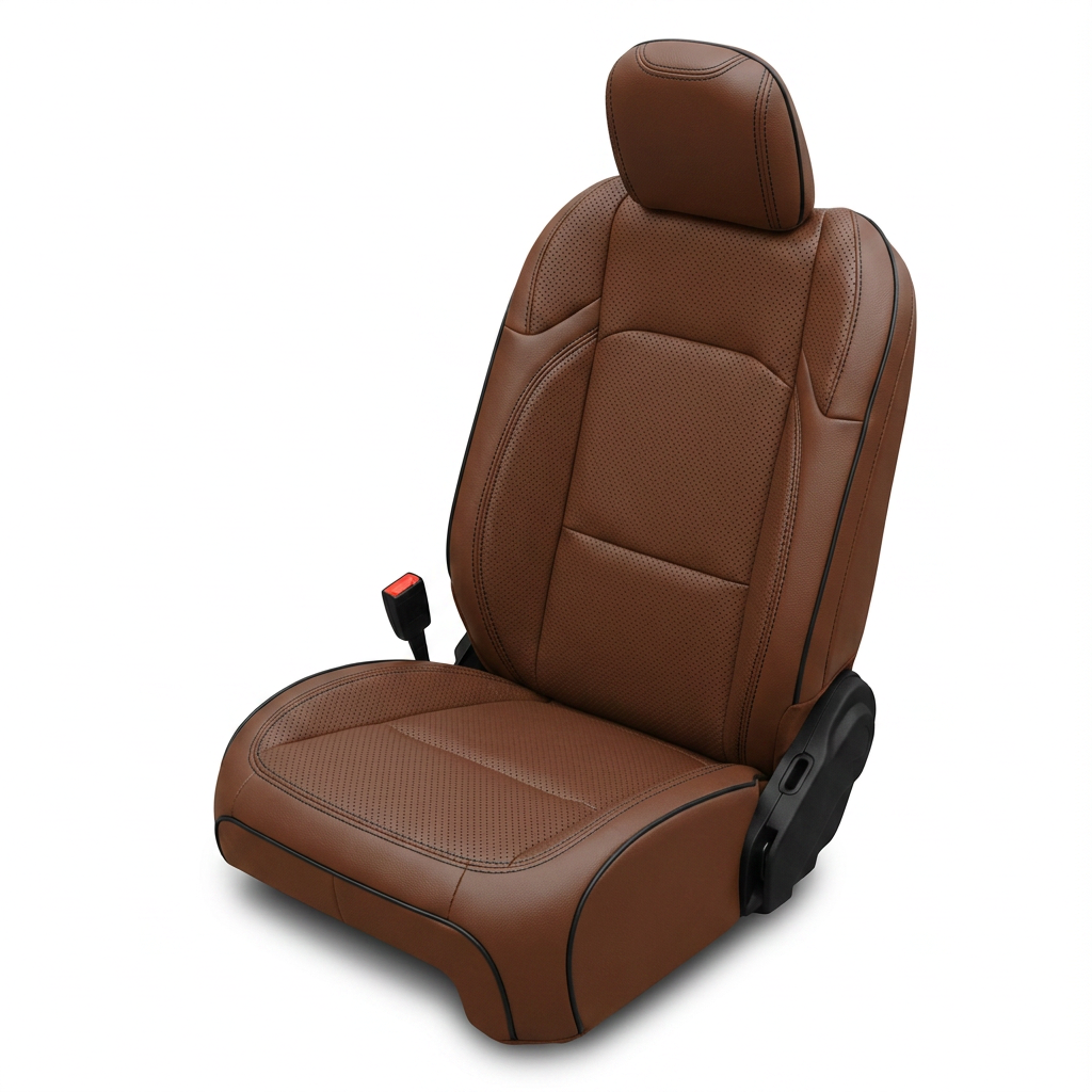 Leatherteck/Katzkin K19 (K2170-222) front seat cover for a 2020–2026 Jeep Gladiator on a white background, featuring mahogany wrap with perforated body and perforated wings, black contrast stitching, and black piping.