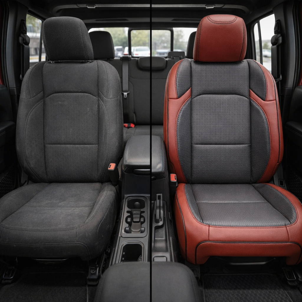 Before-and-after front cabin view of a 2020–2026 Jeep Gladiator: left shows the factory cloth front seat, right shows Leatherteck/Katzkin K9 (K2160-121) installed with red wrap and Barracuda Red bolsters/wings, a perforated black center, black contrast stitching, and black piping.