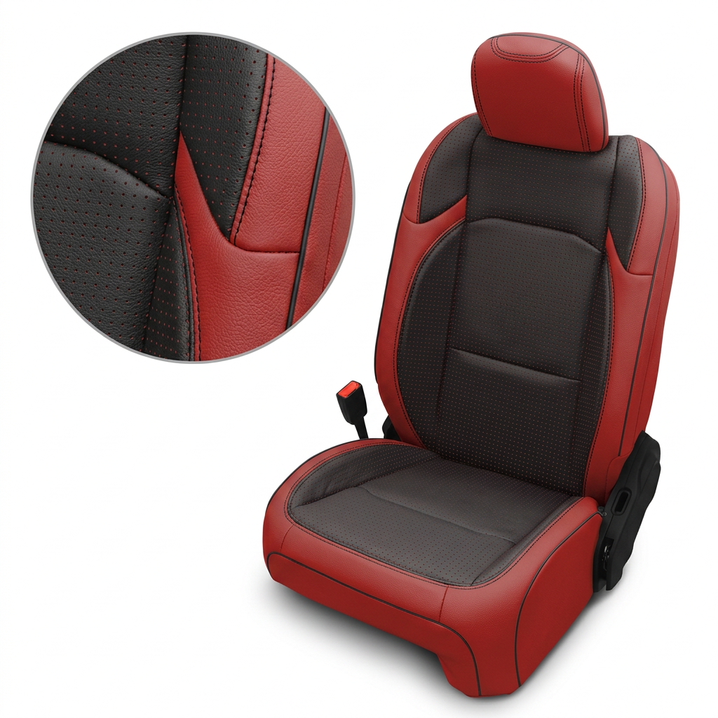 Leatherteck/Katzkin K9 (K2160-121) seat cover kit for a 2020–2026 Jeep Gladiator on a white background, with a circular close-up showing the perforated black center, Barracuda Red leather panels, black contrast stitching, and black piping.
