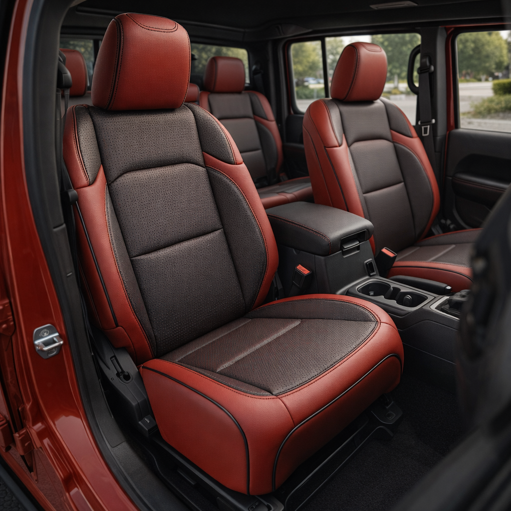 Front cabin view of a 2020–2026 Jeep Gladiator with Leatherteck/Katzkin K9 (K2160-121) installed, showing Barracuda Red wrap seats with perforated black center panels, black contrast stitching, and black piping.
