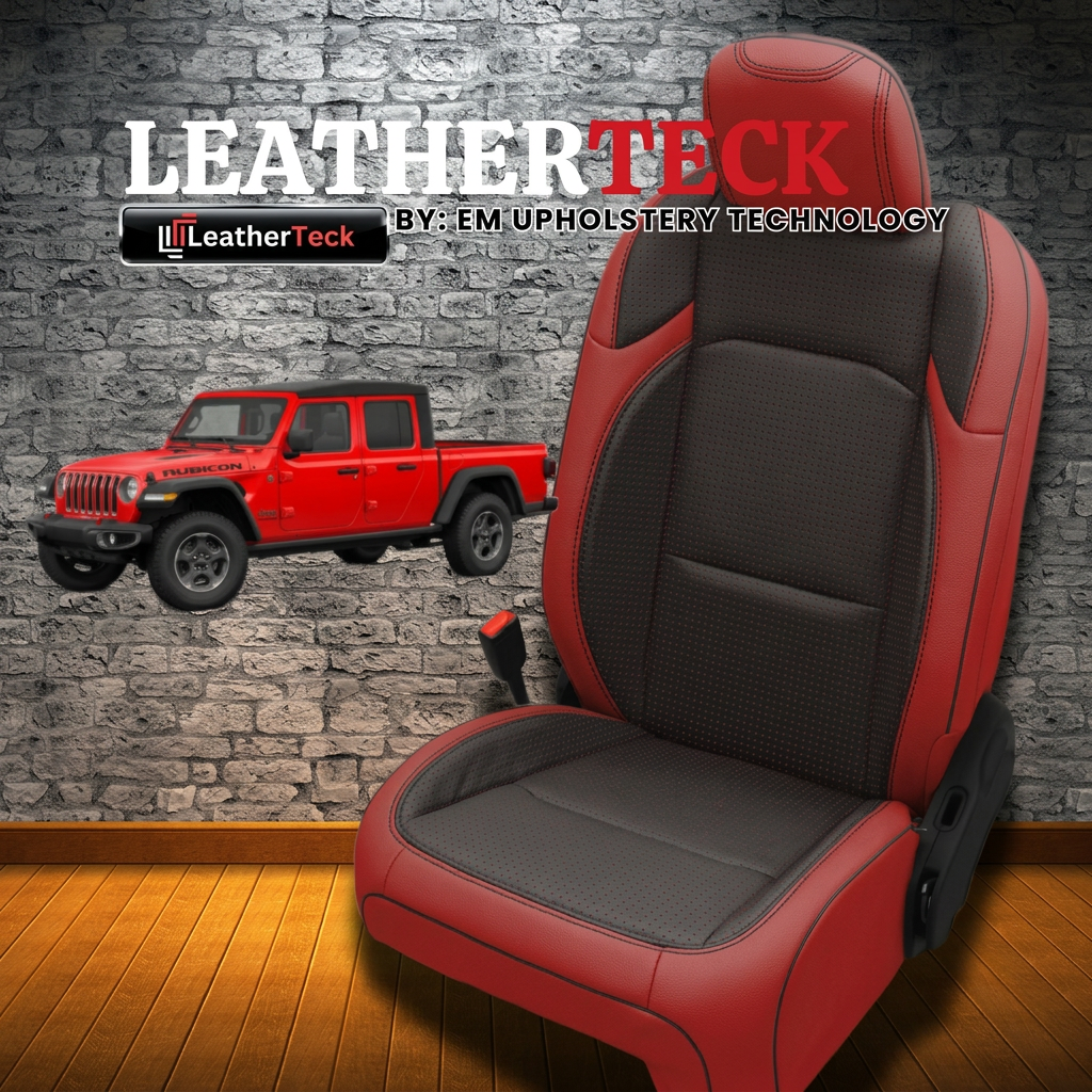 Leatherteck brand promo image for a 2020–2026 Jeep Gladiator showing Katzkin/Leatherteck K9 (K2160-121) seat cover in Barracuda Red wrap with Barracuda Red bolsters/wings, a perforated black center, black contrast stitching, and black piping, featuring LEATHERTECK logos, a red Gladiator graphic, and a stone-wall/wood-floor background.