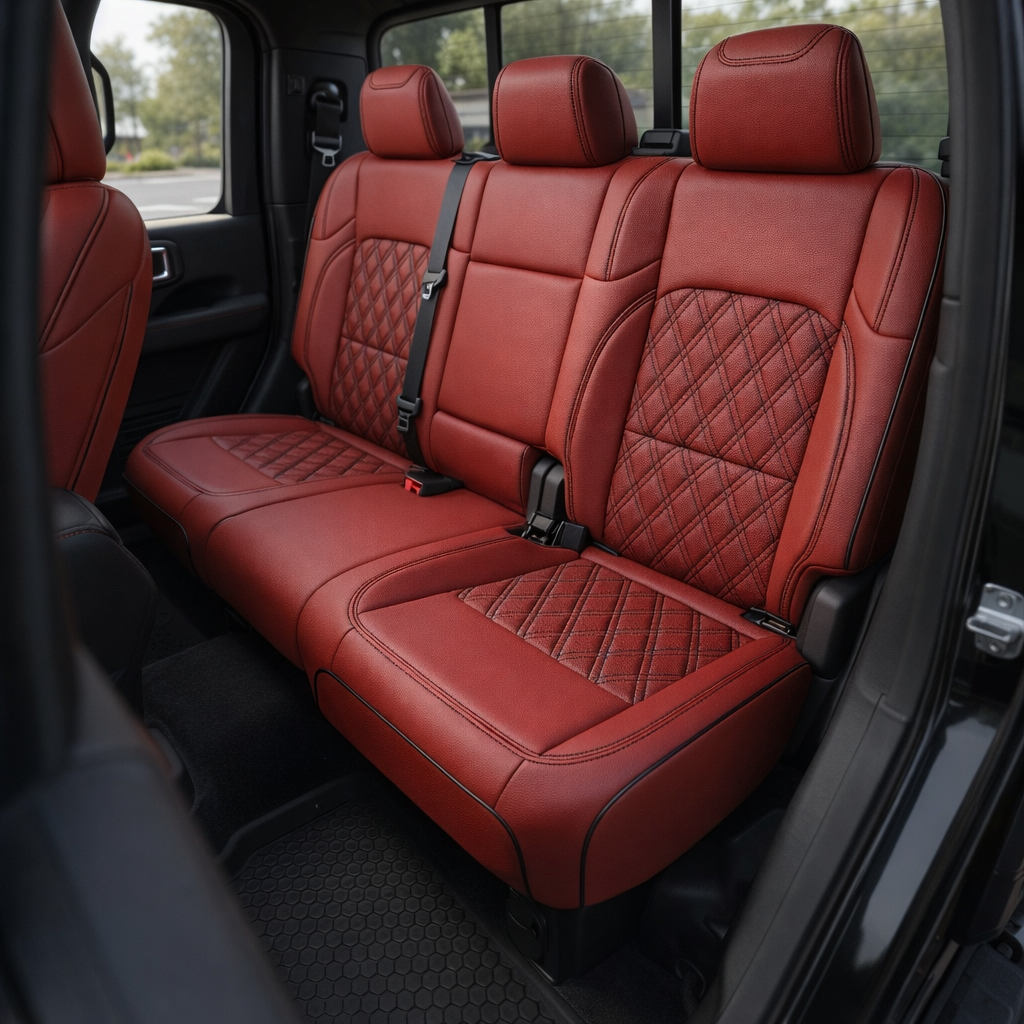 Rear cabin view of a 2020–2026 Jeep Gladiator showing the back bench upholstered in Leatherteck/Katzkin K25 (K2181-121) with red wrap leather, black contrast stitching, black piping, and Tekstitch double-diamond quilted inserts with black Tek thread.