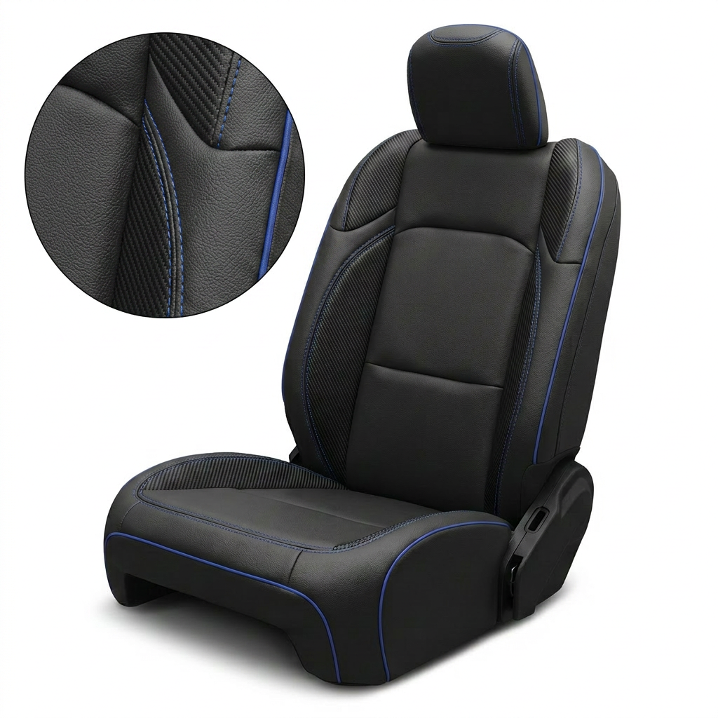 Close-up product image of a Leatherteck leather seat cover for a 2020–2026 Jeep Gladiator in black, featuring black carbon fiber–style accent panels, cobalt blue contrast stitching, and cobalt blue piping, with an inset detail showing the textured accent material and stitching on a white background.