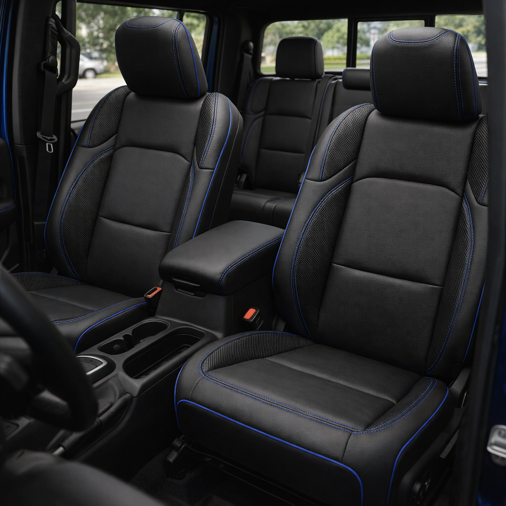 Front in-cabin view of a 2020–2026 Jeep Gladiator with Leatherteck leather seat covers in black, featuring black carbon fiber–style accent side panels, cobalt blue contrast stitching, and cobalt blue piping on the front buckets and center console armrest.