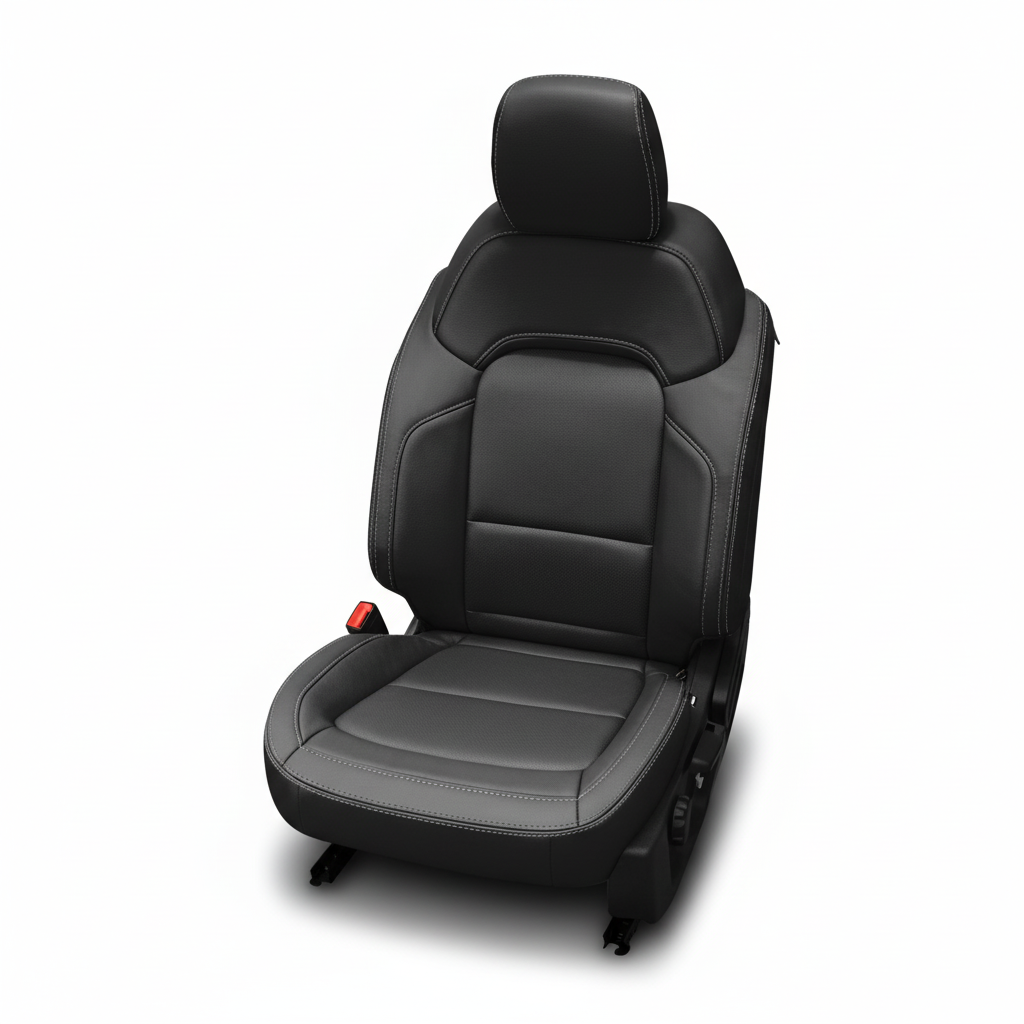 Black leather car seat with stone contrast stitching on a white background.
