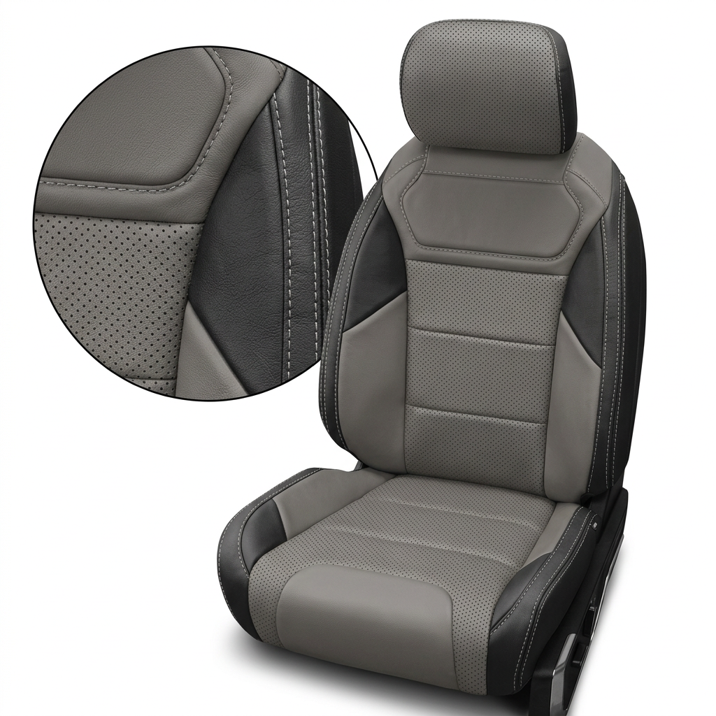 Close-up product image of a 2021–2026 Ford F-150 Raptor Leatherteck leather seat cover on a white background, featuring black outer bolsters with ash grey center inserts and ash grey accent panels, plus perforated combination inserts and silver contrast stitching; a circular zoom inset highlights the perforation pattern, material grain, and stitched seam detail.