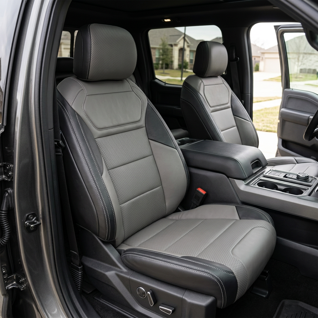 Front in-cabin view of a 2021–2026 Ford F-150 Raptor with Leatherteck seat covers installed, featuring a black main seat color, ash grey center inserts with perforated combination panels, ash grey accent side panels, and silver contrast stitching, shown from the open driver-side door with both front bucket seats and the center console with cupholders visible.