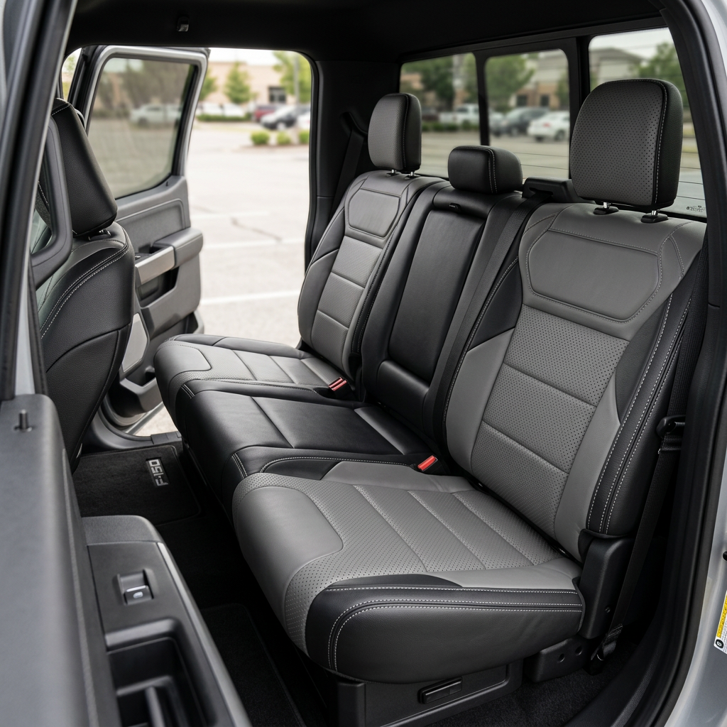 Rear in-cabin view of a 2021–2026 Ford F-150 Raptor showing Leatherteck rear bench seat covers with a black main seat color, ash grey perforated combination center inserts, ash grey accent panels on the outer sections, and silver contrast stitching, with three headrests, visible seatbelts/buckles, and the open rear door and rear window in the background.