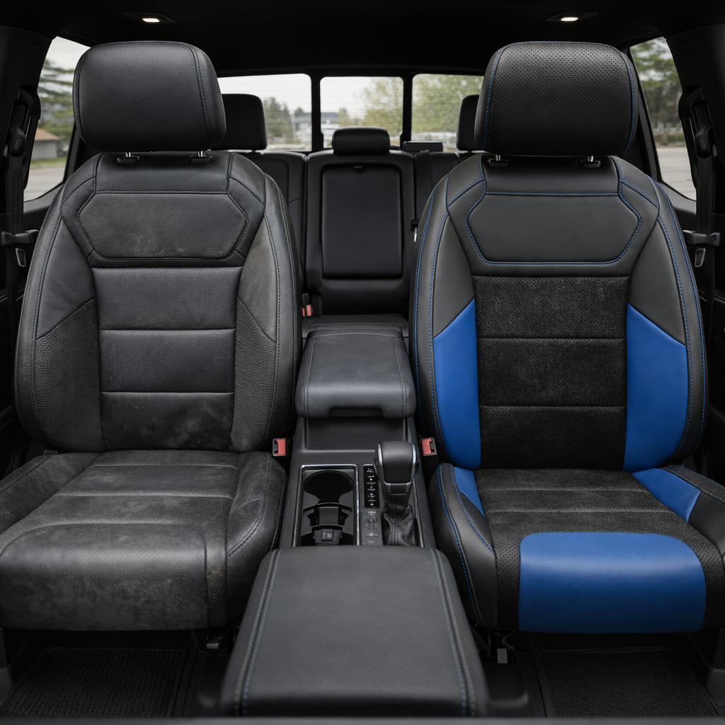 Before-and-after front in-cabin view of a 2021–2026 Ford F-150 Raptor split down the middle: left shows the original black factory front seat, while right shows the upgraded Leatherteck seat cover in black with black automotive suede perforated combination inserts, Bermuda Blue accent panels, and Bermuda Blue contrast stitching, with the center console/cupholders between the seats and the rear bench visible in the background.