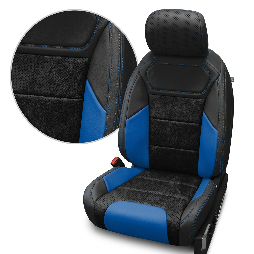 Close-up product image of a 2021–2026 Ford F-150 Raptor Leatherteck leather seat cover on a white background, featuring a black main seat color with black automotive suede perforated combination center inserts, Bermuda Blue accent panels, and Bermuda Blue contrast stitching; a circular zoom inset highlights the perforated suede texture, blue accent panel, and blue-stitched seam detail.