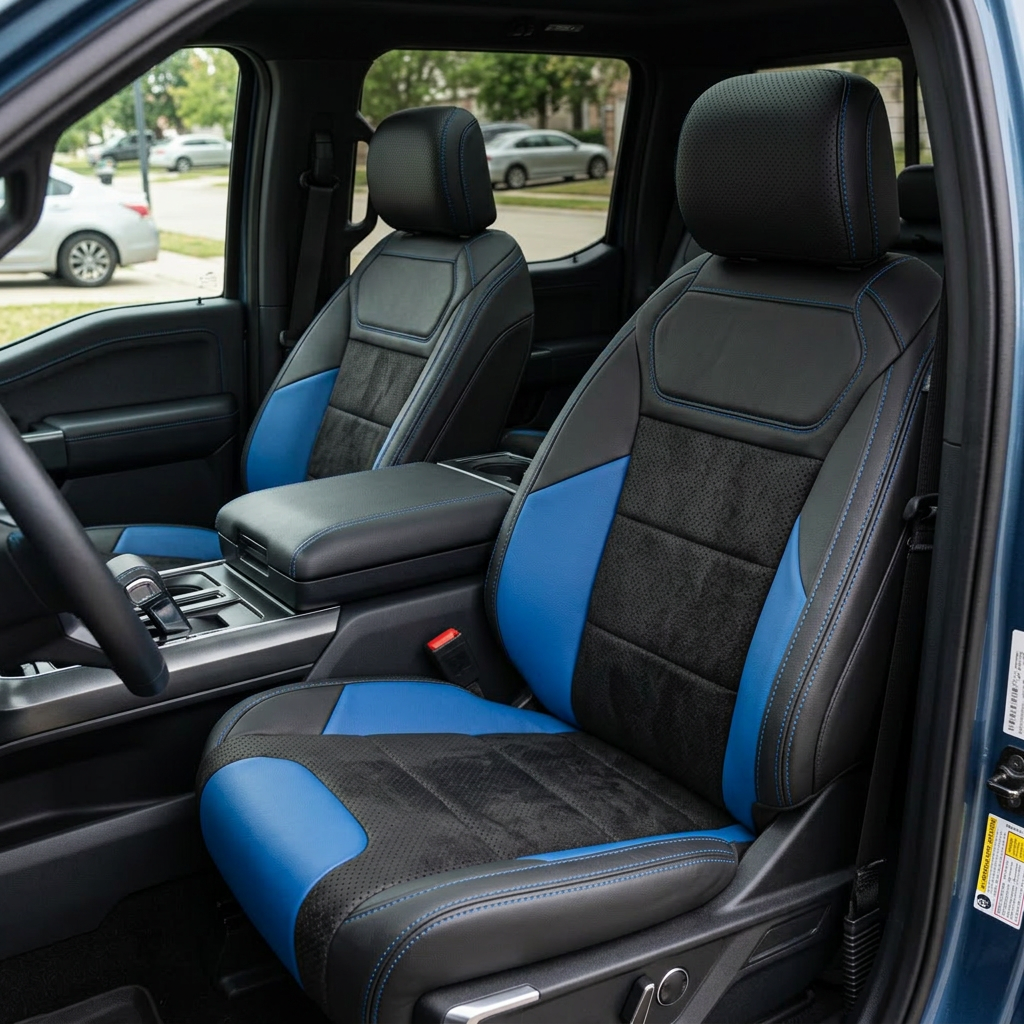 Front in-cabin view of a 2021–2026 Ford F-150 Raptor with Leatherteck seat covers installed in black, featuring black automotive suede perforated combination center inserts, Bermuda Blue accent panels, and Bermuda Blue contrast stitching, shown from the open driver-side door with both front bucket seats and the center console/cupholders visible.