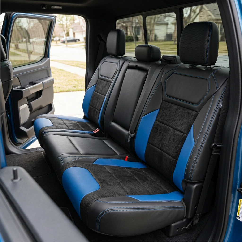 Rear in-cabin view of a 2021–2026 Ford F-150 Raptor showing Leatherteck rear bench seat covers in black with black automotive suede perforated combination center inserts, Bermuda Blue accent panels, and Bermuda Blue contrast stitching, featuring three headrests, visible seatbelts/buckles, and the open rear door with the door panel and rear window in view.