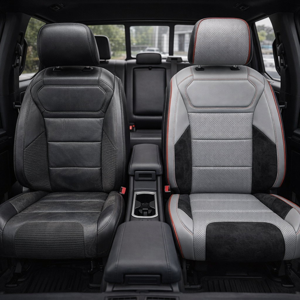 Before-and-after front in-cabin view of a 2021–2026 Ford F-150 Raptor split down the middle: left shows the original black factory seat, while right shows the upgraded Leatherteck seat cover in black with a light grey front-face, perforated combination inserts, black automotive suede accent panels, and red contrast stitching with red piping, with the center console/cupholders between the seats and the rear bench visible in the background.
