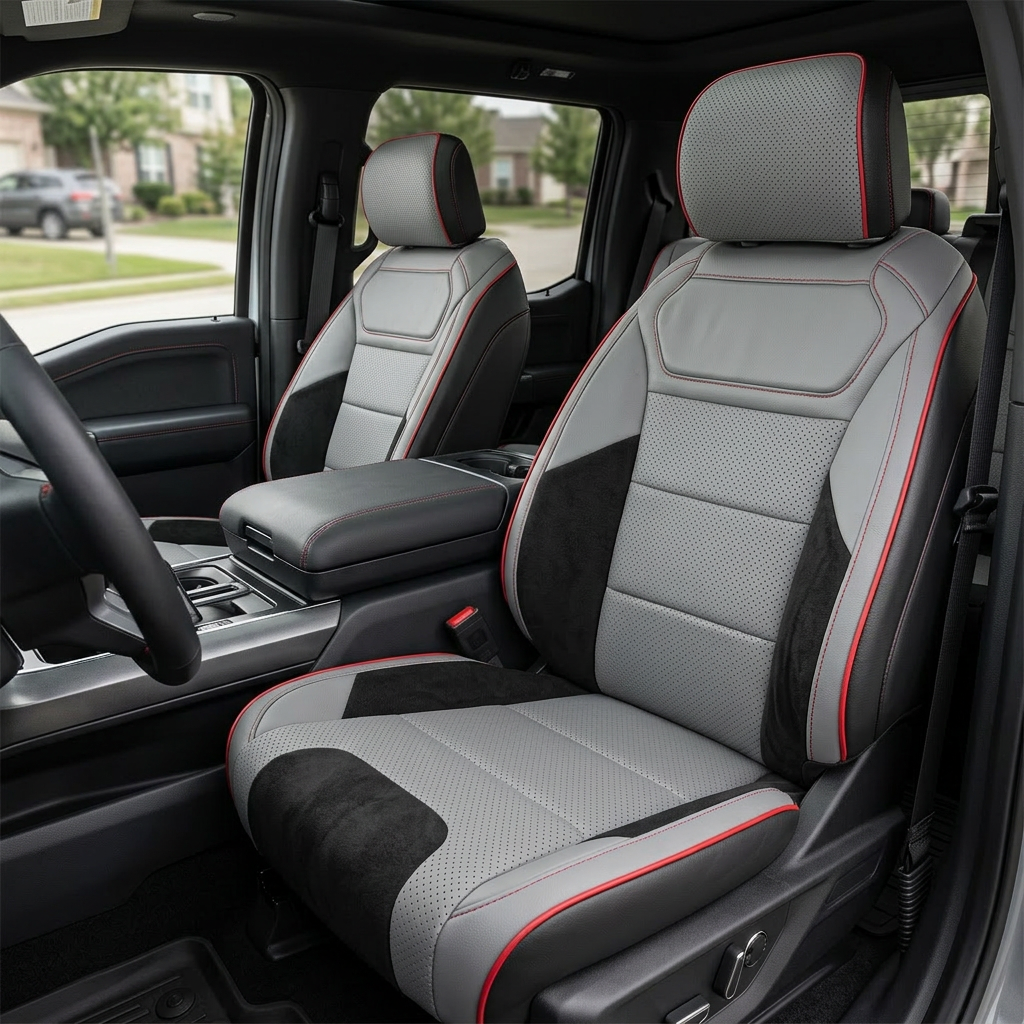 Front in-cabin view of a 2021–2026 Ford F-150 Raptor with Leatherteck seat covers installed, featuring black outer bolsters, a light grey front-face with perforated combination center inserts, black automotive suede accent panels on the seat sides, and red contrast stitching with red piping, shown from an angled driver-side perspective with both front bucket seats and the center console/armrest visible.