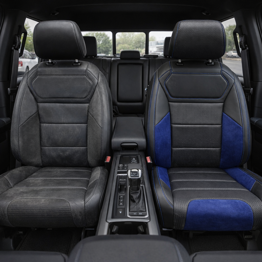 Before-and-after front in-cabin view of a 2021–2026 Ford F-150 Raptor split down the middle: left shows the original black factory front seat, while right shows the upgraded Leatherteck seat cover in black with square-perforated blue combination inserts, Sapphire Blue automotive suede accent panels, and Royal Blue contrast stitching, with the center console/shifter between the seats and the rear bench visible in the background.