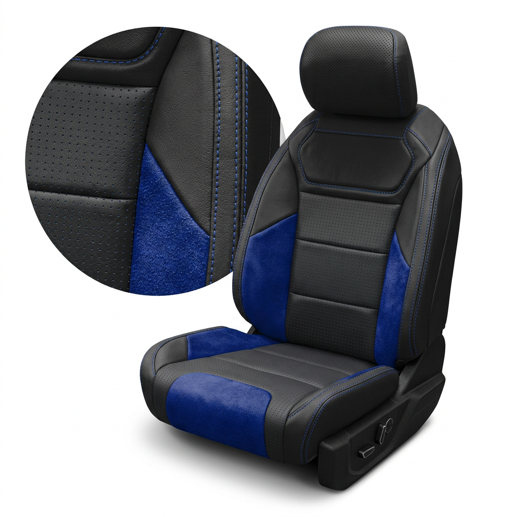 Close-up product image of a 2021–2026 Ford F-150 Raptor Leatherteck leather seat cover on a white background, featuring black main panels with square-perforated blue combination center inserts, Sapphire Blue automotive suede accent panels, and Royal Blue contrast stitching; a circular zoom inset highlights the perforation pattern, suede texture, and blue-stitched seam detail.