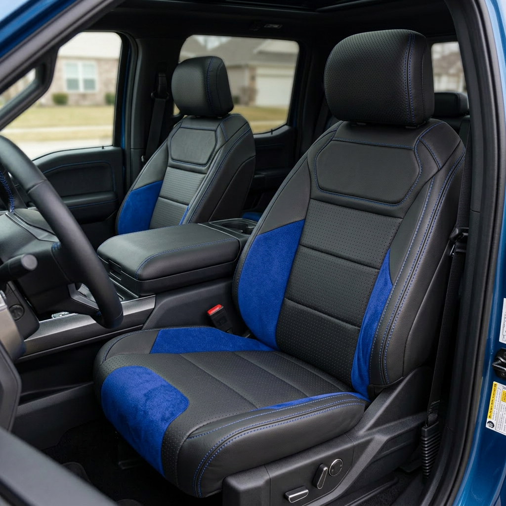 Front in-cabin view of a 2021–2026 Ford F-150 Raptor with Leatherteck seat covers installed in black, featuring square-perforated blue combination center inserts, Sapphire Blue automotive suede accent panels on the bolsters and seat base, and Royal Blue contrast stitching, shown from the open driver-side door with the front bucket seats and center console/armrest visible.