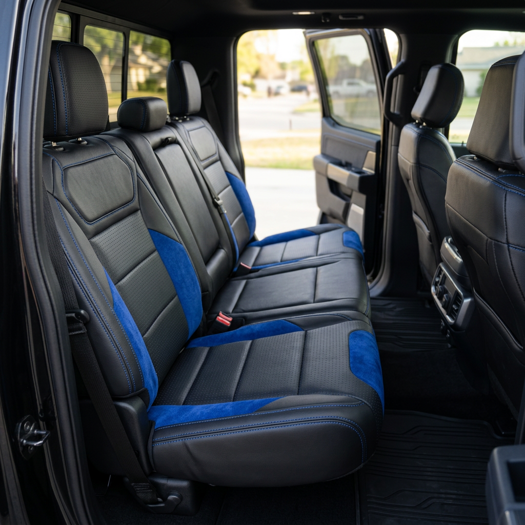 Rear in-cabin view of a 2021–2026 Ford F-150 Raptor showing Leatherteck rear bench seat covers in black with square-perforated blue combination center inserts, Sapphire Blue automotive suede accent panels, and Royal Blue contrast stitching, featuring three headrests, visible seatbelts/buckles, and the open rear door with the door panel and outside scenery visible.
