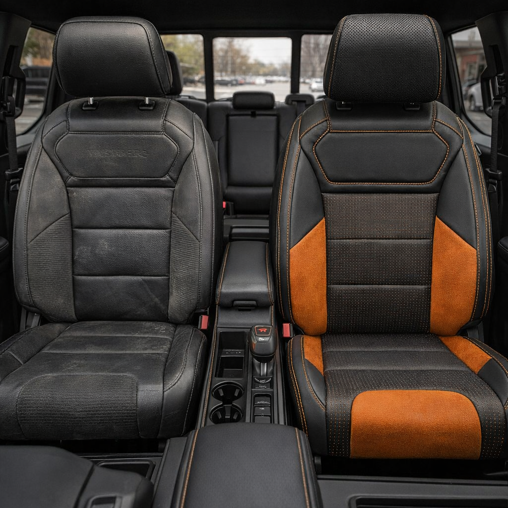 Before-and-after front in-cabin view of a 2021–2026 Ford F-150 Raptor split down the middle: left shows the original black factory front seat, while right shows the upgraded Leatherteck seat cover in black with square-perforated orange combination inserts, Mango Orange automotive suede accent panels, and Citrus Orange contrast stitching, with the center console/shifter between the seats and the rear bench visible in the background.