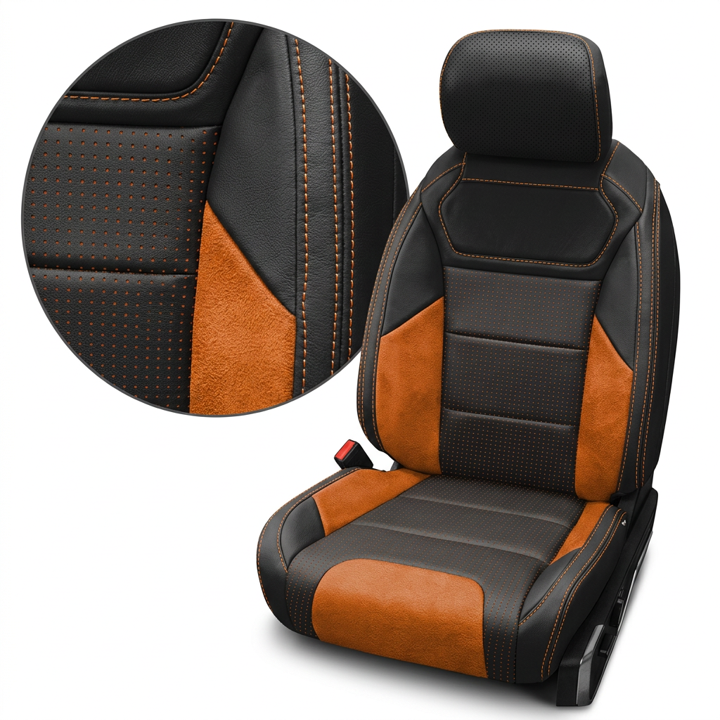 Close-up product image of a 2021–2026 Ford F-150 Raptor Leatherteck leather seat cover on a white background, featuring black upholstery with square-perforated orange combination center inserts, Mango Orange automotive suede accent panels, and Citrus Orange contrast stitching; a circular zoom inset highlights the perforation pattern, suede texture, and orange-stitched seam detail.