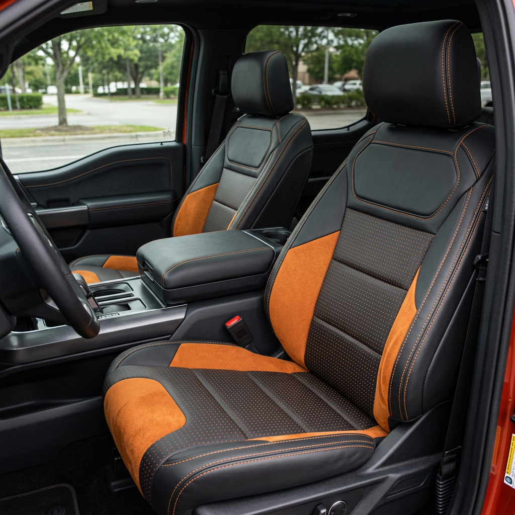 Front in-cabin view of a 2021–2026 Ford F-150 Raptor with Leatherteck seat covers installed in black, featuring square-perforated orange combination center inserts, Mango Orange automotive suede accent panels on the bolsters and seat base, and Citrus Orange contrast stitching, shown from the open driver-side door with both front bucket seats and the center console/armrest and shifter area visible.