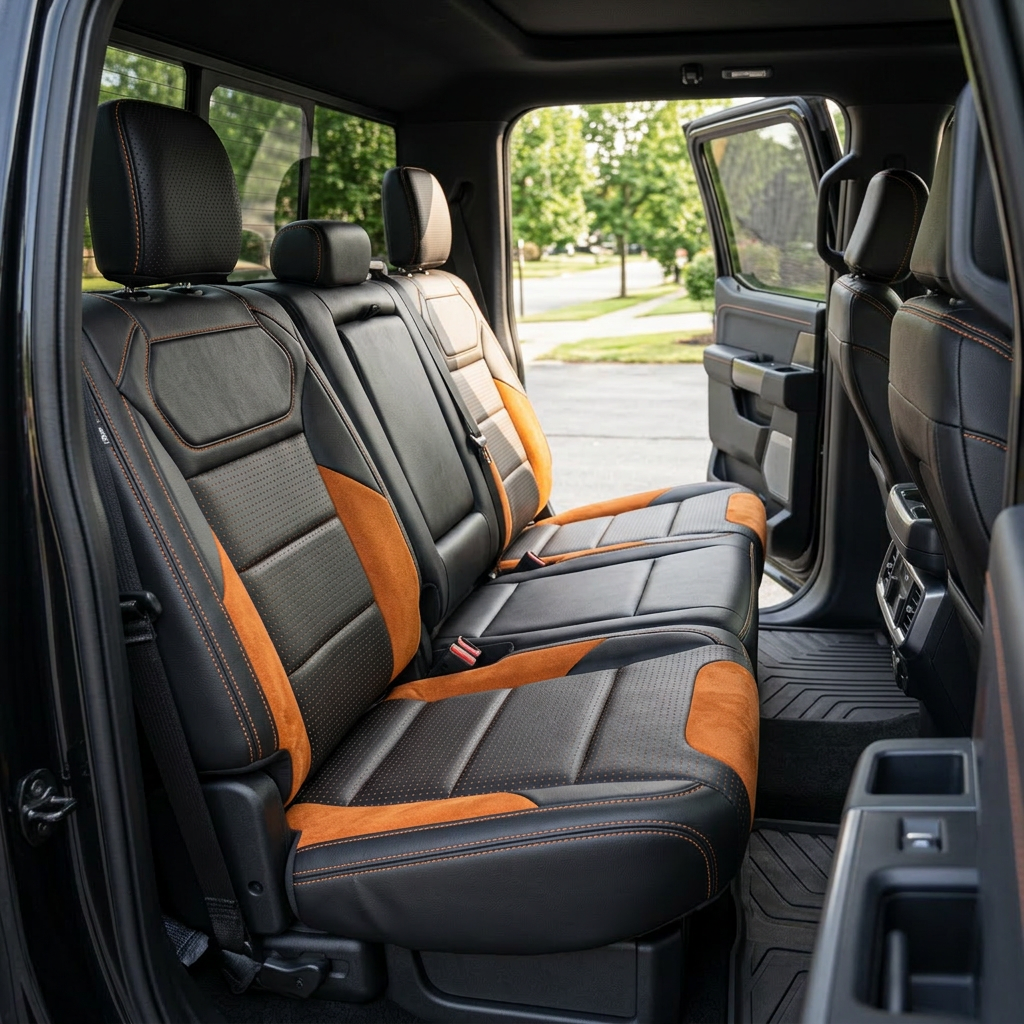 Rear in-cabin view of a 2021–2026 Ford F-150 Raptor showing Leatherteck rear bench seat covers in black with square-perforated orange combination center inserts, Mango Orange automotive suede accent panels on the outer sections, and Citrus Orange contrast stitching, photographed from the open rear door with three headrests, seatbelts/buckles, and rear console air vents visible.