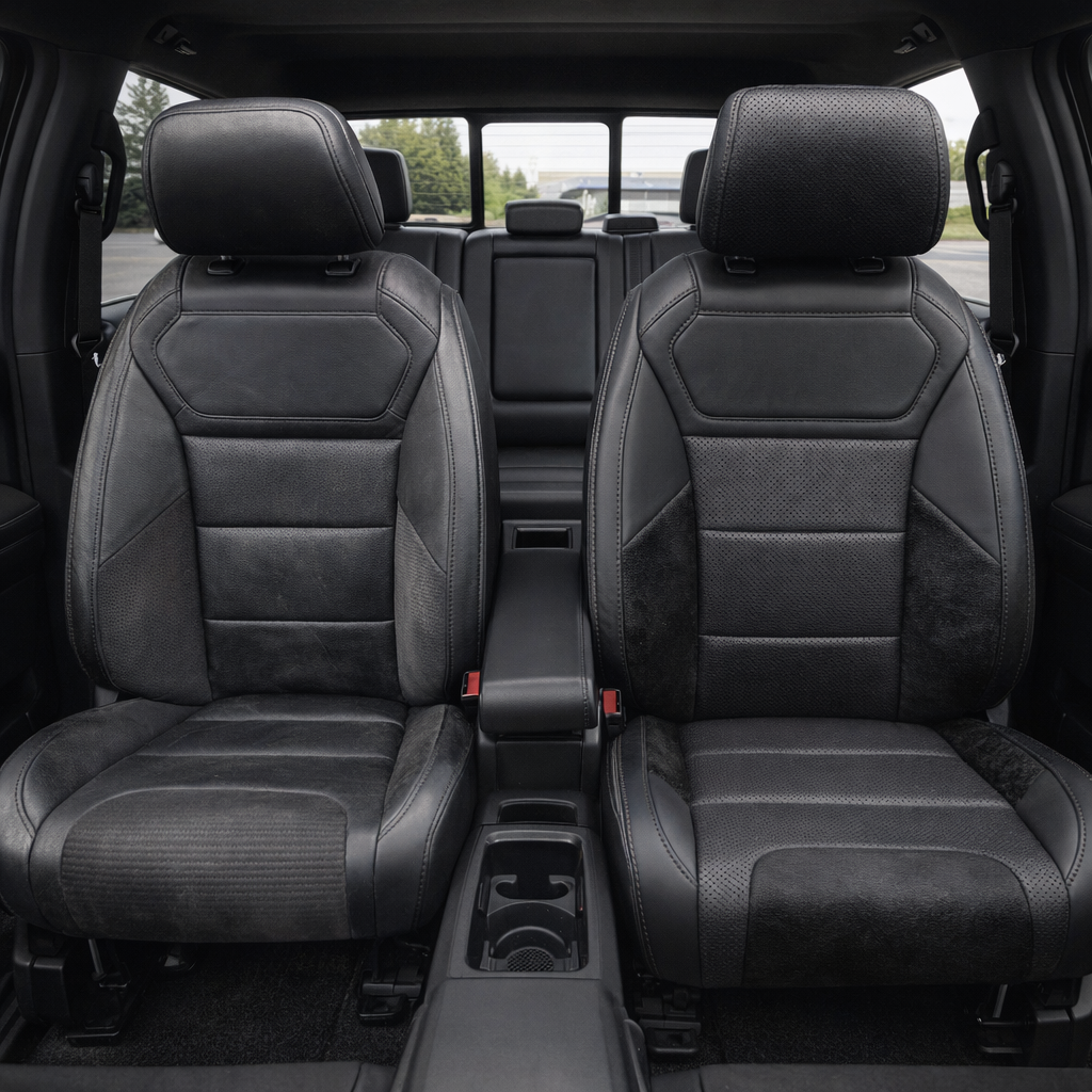 Before-and-after front in-cabin view of a 2021–2026 Ford F-150 Raptor split down the middle: left seat (before) shows the original black upholstery, while right seat (after) shows the upgraded Leatherteck seat cover in black with perforated combination inserts, black automotive suede accent panels, and black stitching, with the center console/cupholders and rear bench seat visible in the background.