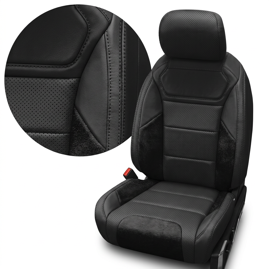 Close-up product image of a 2021–2026 Ford F-150 Raptor Leatherteck seat cover on a white background, featuring black upholstery with perforated combination center inserts, black automotive suede accent panels, and black stitching throughout; a circular zoom inset highlights the perforation pattern, suede texture, and stitched seam detail.