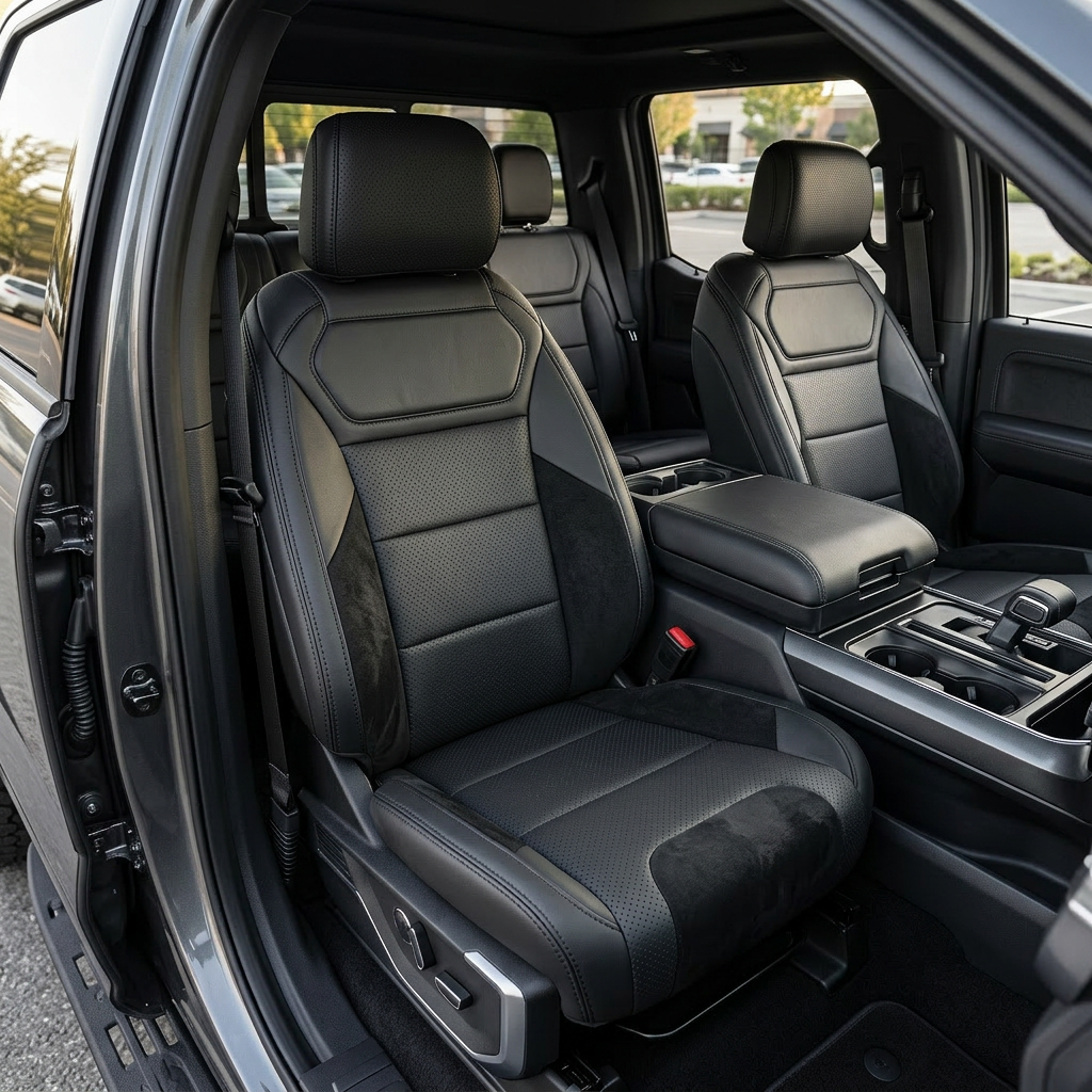 Front in-cabin view of a 2021–2026 Ford F-150 Raptor with Leatherteck seat covers installed in black, featuring perforated combination center inserts, black automotive suede accent panels on the bolsters, and black stitching throughout, shown from the open driver-side door with both front bucket seats and the center console with cupholders and shifter visible.
