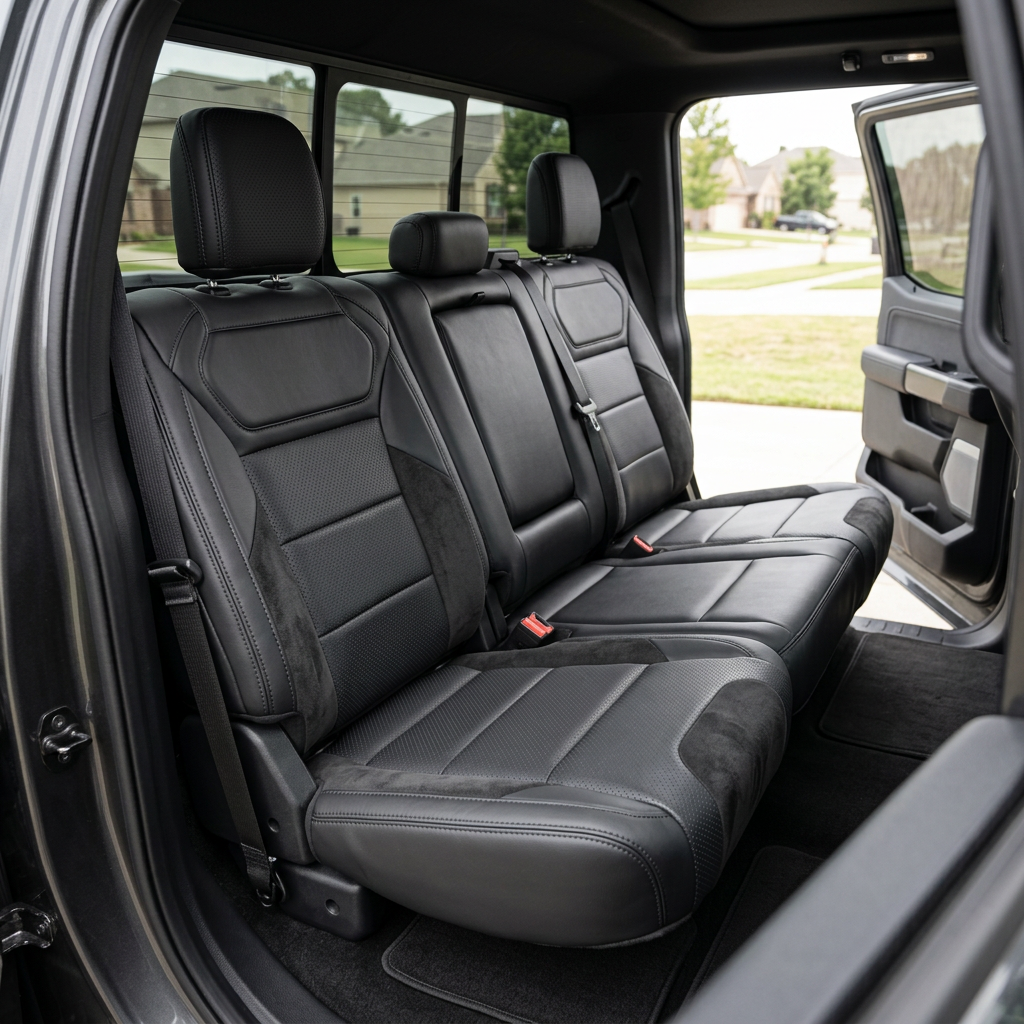 Rear in-cabin view of a 2021–2026 Ford F-150 Raptor showing Leatherteck rear bench seat covers in black, featuring perforated combination center inserts, black automotive suede accent panels on the outer sections, and black stitching throughout, with three rear headrests, visible seatbelts/buckles, and the open rear door and rear window in the background.