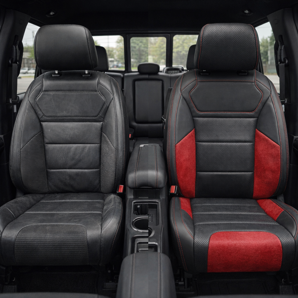 Before-and-after front in-cabin view of a 2021–2026 Ford F-150 Raptor split down the middle: left shows the original black factory front seat, while right shows the upgraded Leatherteck seat cover in black with perforated combination inserts, Scarlet Red automotive suede accent panels, and red contrast stitching, with the center console/cupholders between the seats and the rear bench visible in the background.