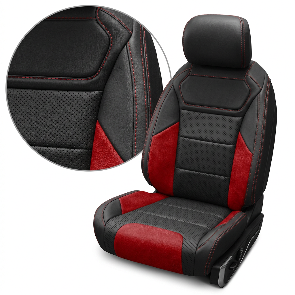 Close-up product image of a 2021–2026 Ford F-150 Raptor Leatherteck leather seat cover on a white background, featuring black seating surfaces with perforated combination center inserts, Scarlet Red automotive suede accent panels on the bolsters and cushion, and red contrast stitching; a circular zoom inset highlights the perforation pattern, suede texture, and red-stitched seam detail.