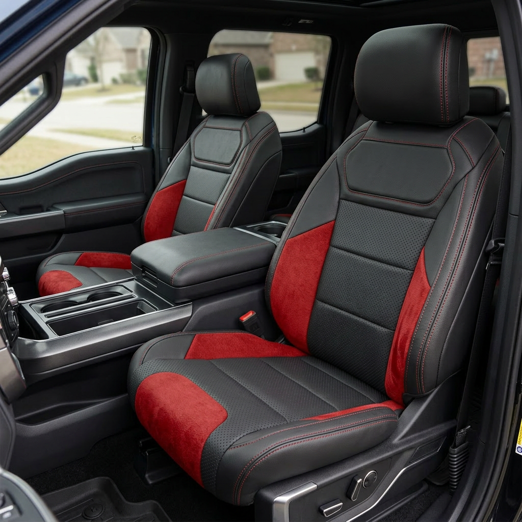 Front in-cabin view of a 2021–2026 Ford F-150 Raptor with Leatherteck seat covers installed in black, featuring perforated combination center inserts, Scarlet Red automotive suede accent panels on the bolsters, and red contrast stitching, shown from an angled driver-side perspective with both front bucket seats and the center console/cupholders visible.