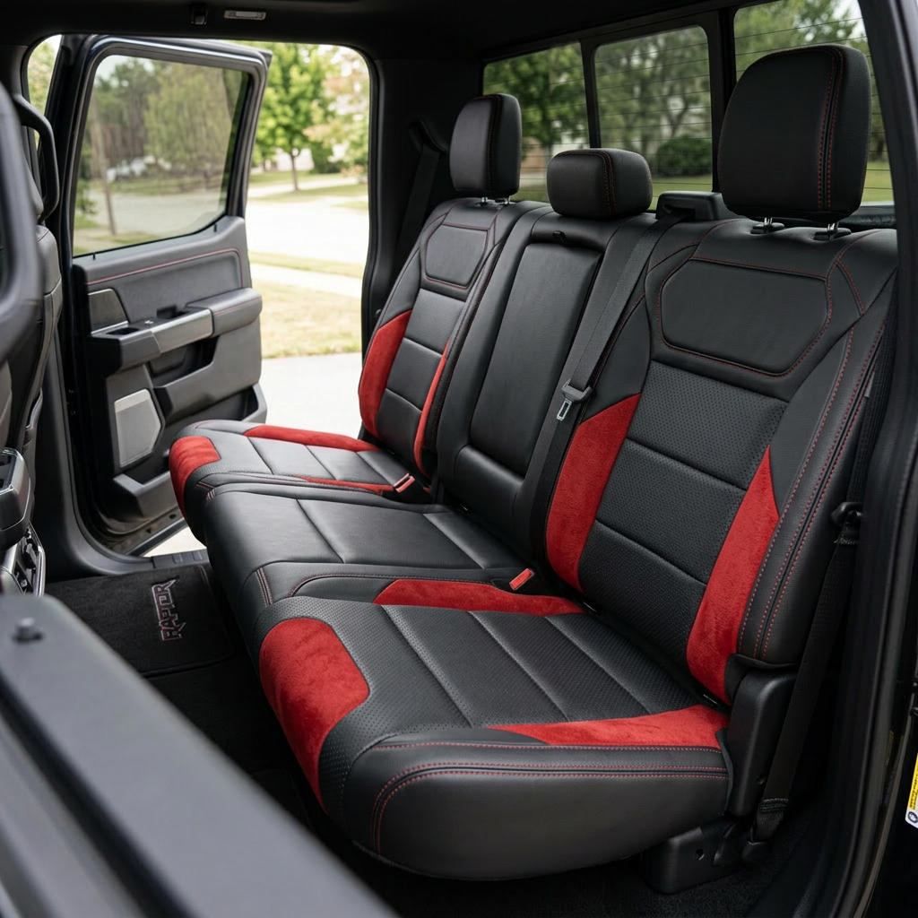 Rear in-cabin view of a 2021–2026 Ford F-150 Raptor showing Leatherteck rear bench seat covers in black with perforated combination center inserts, Scarlet Red automotive suede accent panels on the outer sections, and red contrast stitching, featuring three headrests, visible seatbelts/buckles, and the open rear door with the door panel and rear window in view.
