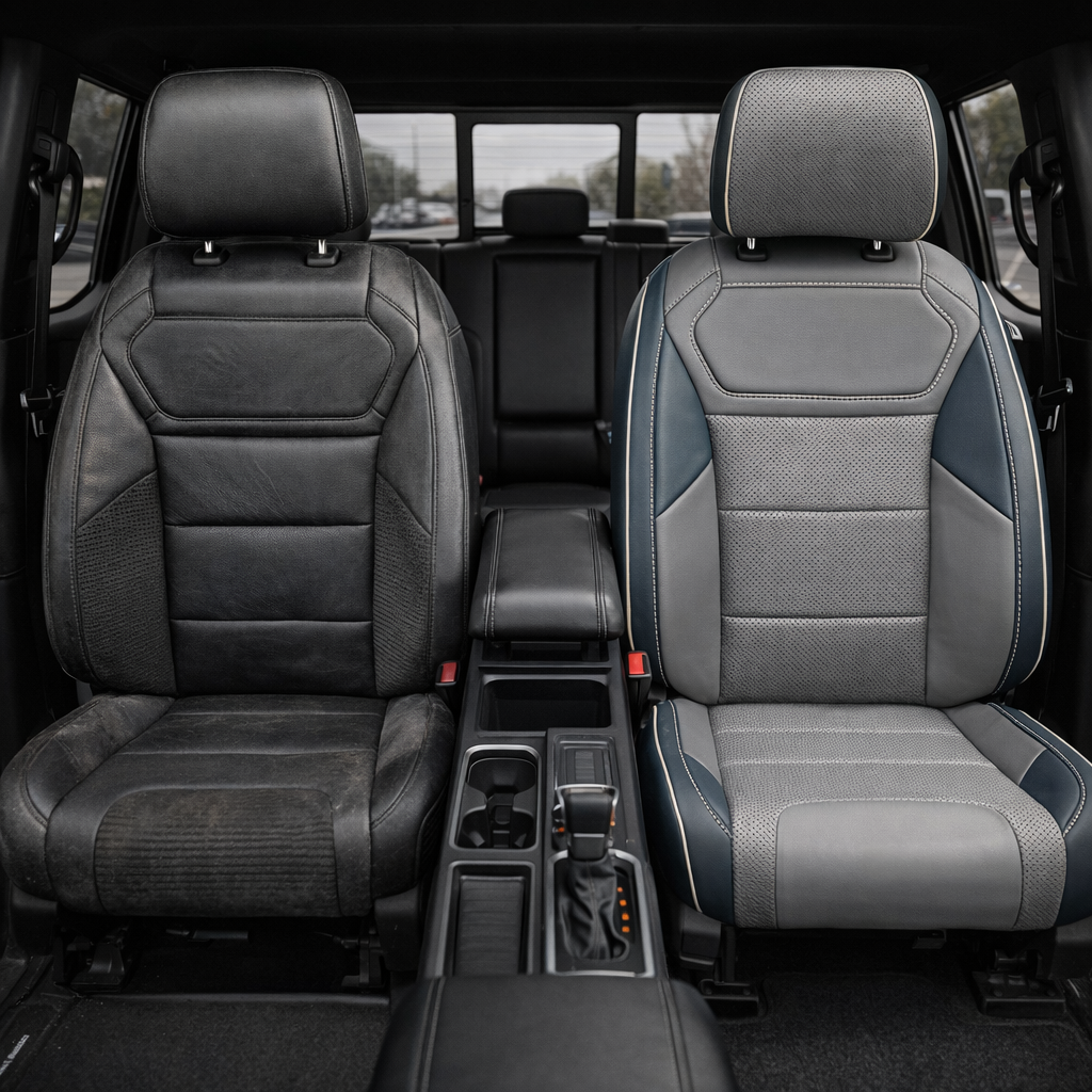 Before-and-after front in-cabin view of a 2021–2026 Ford F-150 Raptor split down the middle: left shows the original black factory front seat, while right shows the upgraded Leatherteck seat cover in blue with Lunar Grey center inserts, perforated combination inserts, Lunar Grey accent panels, and Pearl White contrast stitching with Pearl White piping, with the center console/shifter between the seats and the rear bench visible in the background.